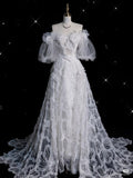 Elegant A Line Straps Tulle Sequin Long Wedding Dresses HZ1024