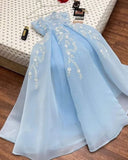 Sexy A line Strapless Light Sky Blue Organza Prom Dress With Appliques Long Prom Dresses Party Dress HZ1024