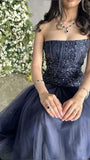Sexy Mermaid Strapless Navy Blue Evening Dress Long Prom Dresses Party Dress With Beads HZ1024