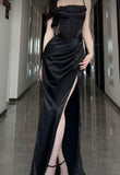 Elegant Sheath Spaghetti Straps Black Slit Long Prom Dress Evening Dresses HZ1024