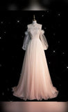 Pretty A Line Off The Shoulder Tulle Pink Long Ruffles Evening Dress Prom Dresses HZ1024