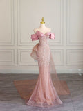 Pretty Mermaid Off The Shoulder Sequin Pink Long Evening Dress Prom Dresses With Bow HZ1024