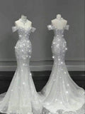Chic Mermaid Off The Shoulder Short Sleeves Sequin Wedding Dresses With Beads HZ1024