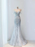 Pretty Mermaid Off The Shoulder Sequin Cap Sleeves Gray Evening Dress Long Prom Dresses With Beads HZ1024