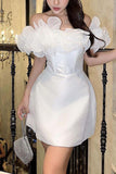 Off-Shoulder Strapless Ruffles Tulle Satin A-Line Mini Homecoming Dress HZ1024