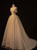 Elegant A-Line Off The Shoulder Champagne Tulle Long Prom Dress HZ1024