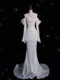 Vintage Mermaid Off The Shoulder Sequin Long Sleeves White Wedding Dresses With Ruffles HZ1024