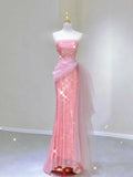 Elegant Mermaid Strapless Pink Tulle Long Prom Dresses Party Dresses HZ1024