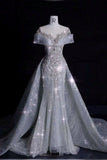 Vintage Mermaid Off The Shoulder White Sequin Long Wedding Dresses With Beads HZ1024