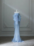 Elegant Mermaid Off The Shoulder Sequin Blue Evening Dress Long Slit Prom Dresses HZ1024