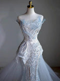 Elegant Mermaid Strapless Sequin Sky Blue Evening Dress Long Prom Dresses HZ1024