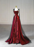 Elegant A Line Straps Burgundy Sequin Long Prom Dresses Party Dresses HZ1024