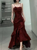 Elegant Mermaid Spaghetti Straps Burgundy Long Prom Dresses Party Dresses HZ1024