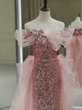 Gorgeous Sheath Off The Shoulder Pink Sequin Long Evening Dress Prom Dresses Birthday Outfits HZ1024