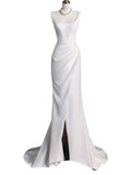 Chic Sheath Square Neckline Sleeveless White Satin Slit Wedding Dresses With Ruffles HZ1024