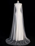 Chic Sheath High Neckline Sleeveless White Tulle Long Wedding Dresses With Beads HZ1024