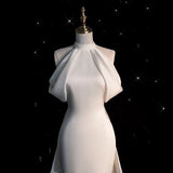 Chic Sheath High neckline Sleeveless Ivory Satin Long Wedding Dresses With Train HZ1024