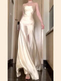 Vintage Mermaid Spaghetti Straps Champagne Satin Long Floor Length Prom Dresses HZ1024
