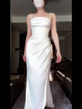 Vintage Mermaid Spaghetti Straps White Satin Long Birthday Dress Prom Dresses HZ1024