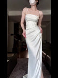 Vintage Mermaid Spaghetti Straps White Satin Long Birthday Dress Prom Dresses HZ1024