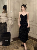 Gorgeous Sheath Spaghetti Straps Black Sequin Evening Dress Prom Dresses Birthday Outfits HZ1024