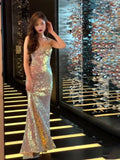 Vintage Mermaid Straps Sequin Backless Long Birthday Dress Prom Dresses HZ1024