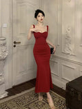 Vintage Mermaid Straps Black Satin Long Birthday Dress Prom Dresses HZ1024