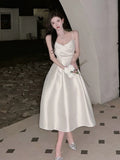 Vintage A Line Spaghetti Straps Satin Ivory Sleeveless Prom Dresses Birthday Party Dress HZ1024