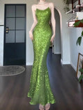 Vintage Sheath Spaghetti Straps Green Sequin Long Evening Dress Prom Dresses HZ1024