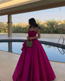 Pretty A Line Strapless Hot Pink Long Satin Evening Dress Prom Dresses With Ruffles HZ1024