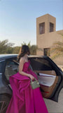 Pretty A Line Strapless Hot Pink Long Satin Evening Dress Prom Dresses With Ruffles HZ1024