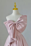 Pretty A line One Shoulder Pink Satin Evening Dress Prom Dresses With Bow HZ1024