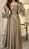 Sexy A line Square Neckline Long Sleeves Chiffon Champagne Prom Dress Long Evening Dress HZ1024