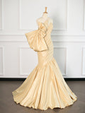 Sexy Mermaid One Shoulder Yellow Satin Long Prom Dresses Party Evening Dress With Bow HZ1024