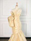 Sexy Mermaid One Shoulder Yellow Satin Long Prom Dresses Party Evening Dress With Bow HZ1024