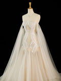 Vintage Mermaid Off The Shoulder Tulle Champagne Wedding Dresses With Pearls HZ1024