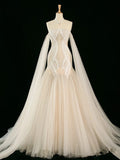 Vintage Mermaid Off The Shoulder Tulle Champagne Wedding Dresses With Pearls HZ1024