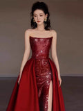 Sexy Mermaid Red Sleeveless Long Sequin Slit Prom Dress Evening Dresses HZ1024