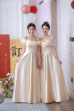 Champagne A Line Elegant Off The Shoulder Satin Long Bridesmaid Dress HZ1024