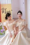 Champagne A Line Elegant Off The Shoulder Satin Long Bridesmaid Dress HZ1024
