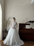 Vintage Ball Gown Halter White Tulle Lace With Veil Gloves Long Wedding Dresses HZ1024