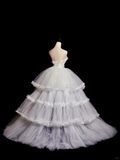 Princess Ball Gown Strapless Tulle Lace Tiered Long Wedding Dresses HZ1024
