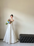 Elegant Strapless White Satin Applique With Gloves Long Wedding Dresses HZ1024