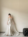 Gorgeous Mermaid Off The Shoulder Tulle Beaded Long Sleeves Long Wedding Dresses HZ1024