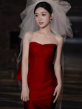 Sexy Mermaid Strapless Satin Long Burgundy Prom Dress HZ1024