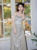 Shiny A Line Off The Shoulder Satin Sequin Long Bridesmaid Dress HZ1024