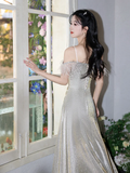 Shiny A Line Off The Shoulder Satin Sequin Long Bridesmaid Dress HZ1024