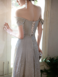 Elegant A Line Off The Shoulder Satin Sequin Long Bridesmaid Dress HZ1024