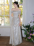 Elegant A Line Off The Shoulder Satin Sequin Long Bridesmaid Dress HZ1024