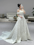 Dreamy Ball Gown Off The Shoulder Satin Tulle Lace Long Wedding Dresses HZ1024